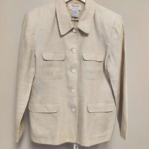 Talbots Petites 100% Irish Linen Safari Jacket Beige Tan Button Up Blazer Size 6
